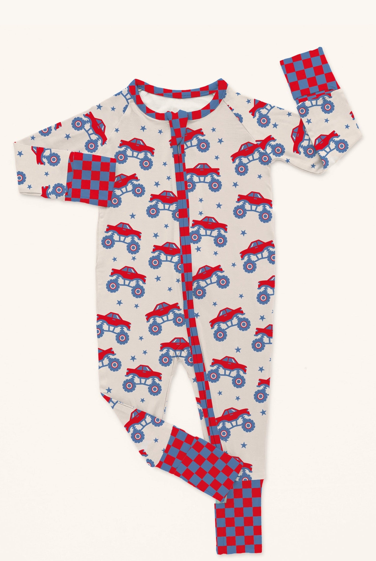 mock up of baby onesie with monster truck print