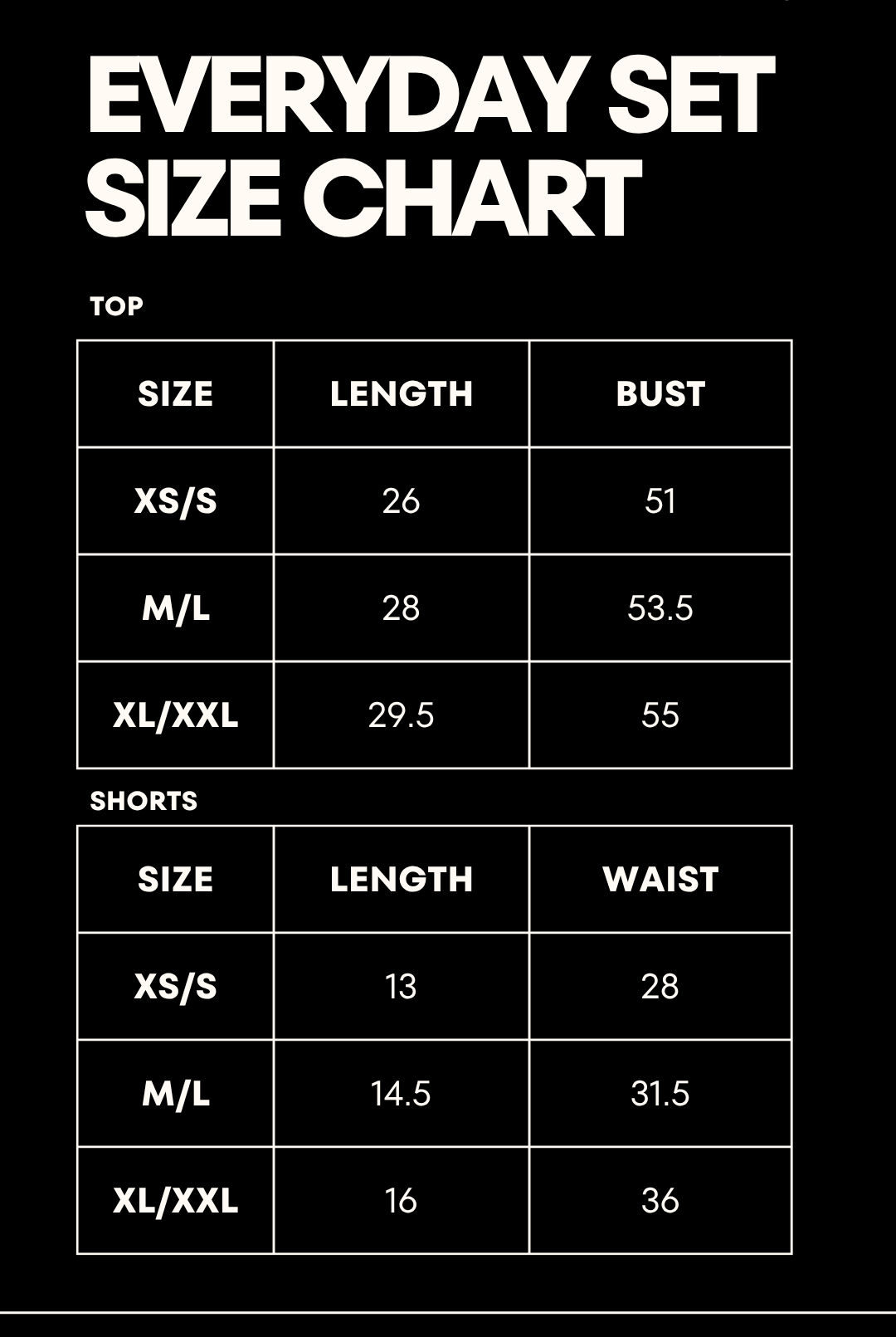 A black size chart graphic for Staykation's Everyday Set, showing measurements in inches for Tops and Shorts up to size XXL.
