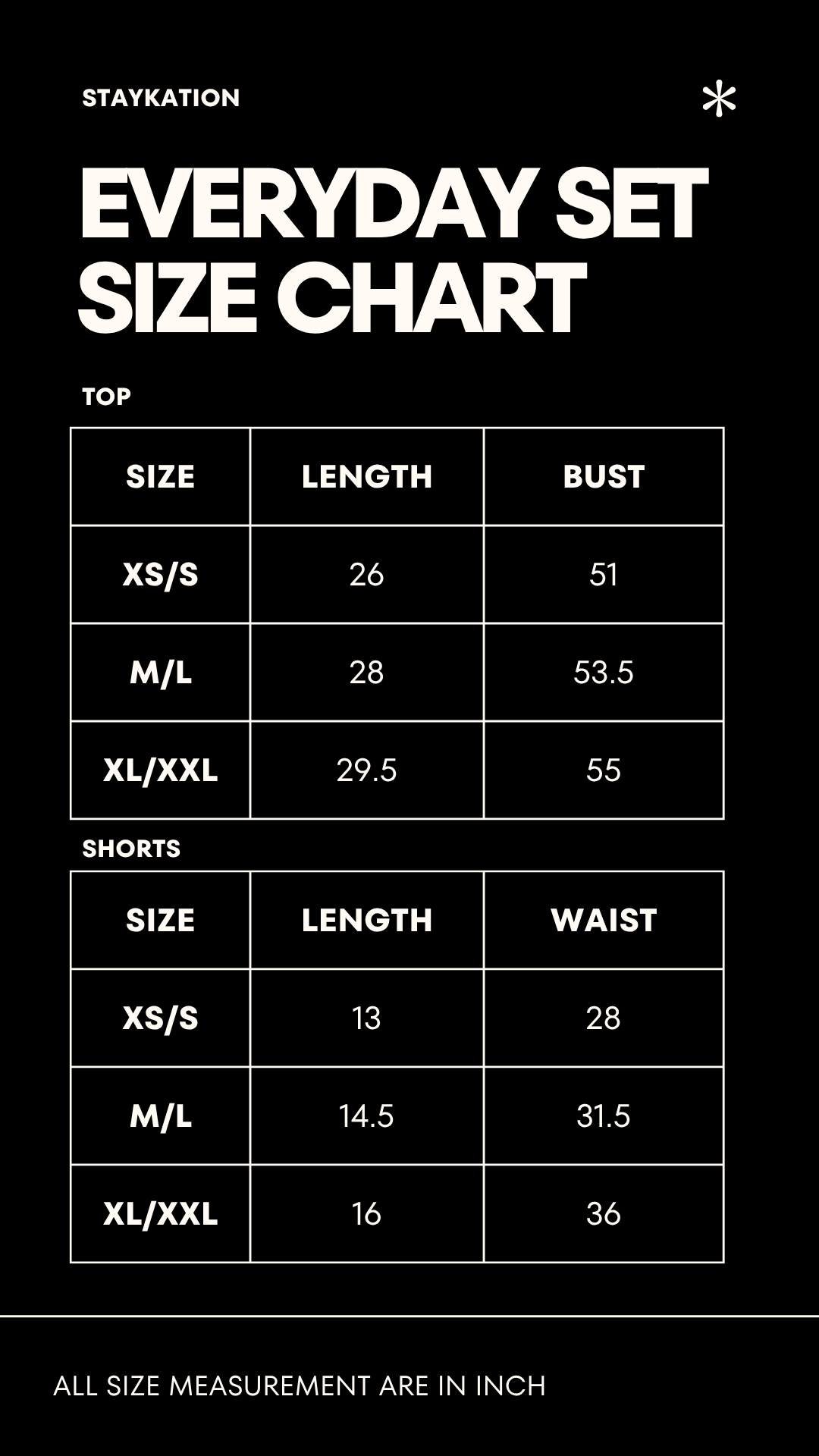 A black size chart graphic for Staykation's Everyday Set, showing measurements in inches for Tops and Shorts up to size XXL.