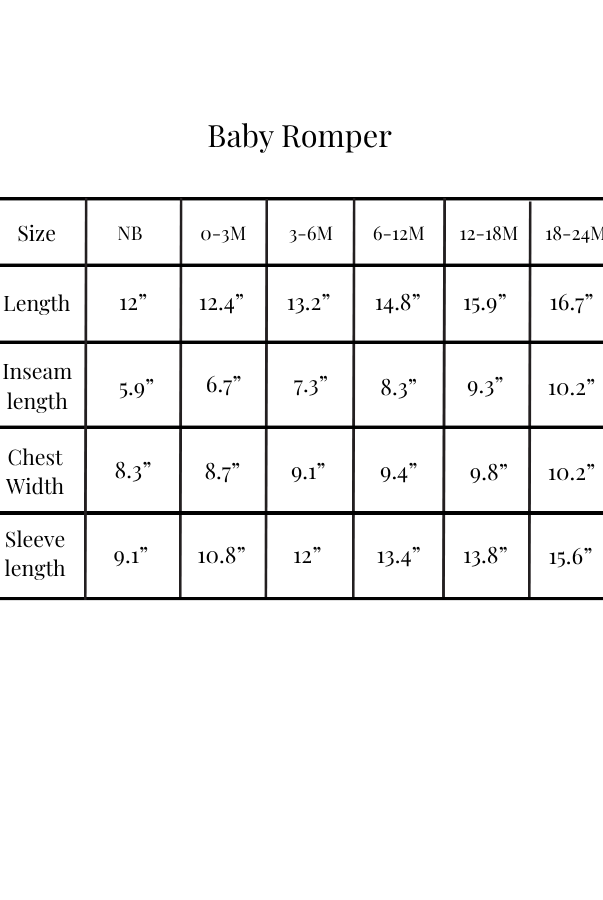A size chart table for a baby romper, showing measurements in inches for length, seam length, chest width, and sleeve length across size categories NB, 0-1M, 3-6M, 6-12M, 12-18M, and 18-24M.
