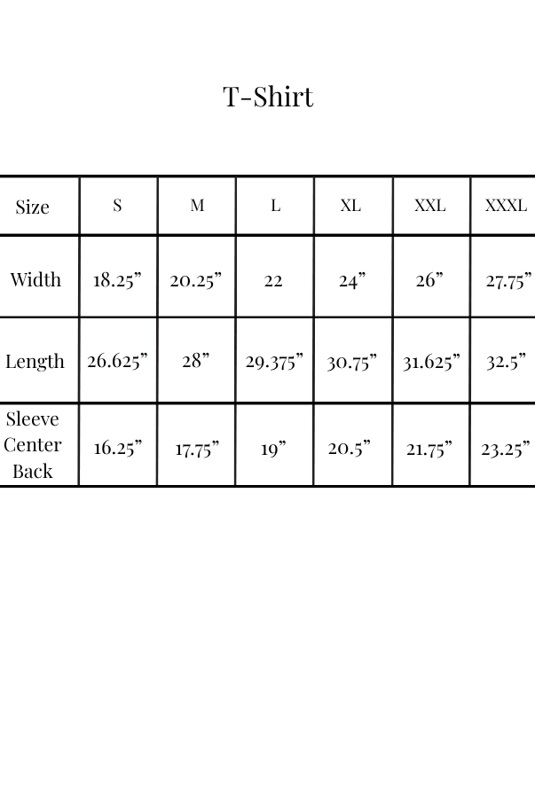 A size chart table for a T-shirt showing measurements from S to XXXL in width, length, and sleeve center back, with the title 'T-Shirt' centered above on a white background.