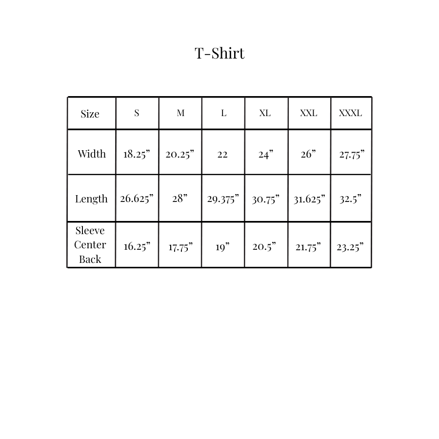 A size chart table for a T-shirt showing measurements from S to XXXL in width, length, and sleeve center back, with the title 'T-Shirt' centered above on a white background.