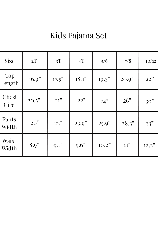 Kid pajama size chart