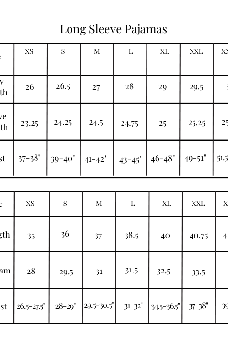 A size chart for long sleeve pajamas showing a table with sizes XS through XXXL, body length, sleeve length, chest, length, inseam, and waist measurements.