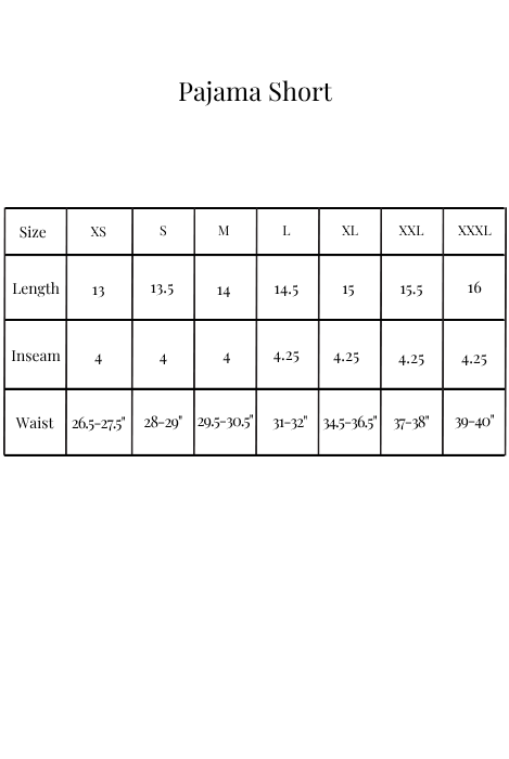 A size chart table for pajama shorts showing sizes XS through XXXL, with rows for length, inseam, and waist in inches and feet, centered on a white background.