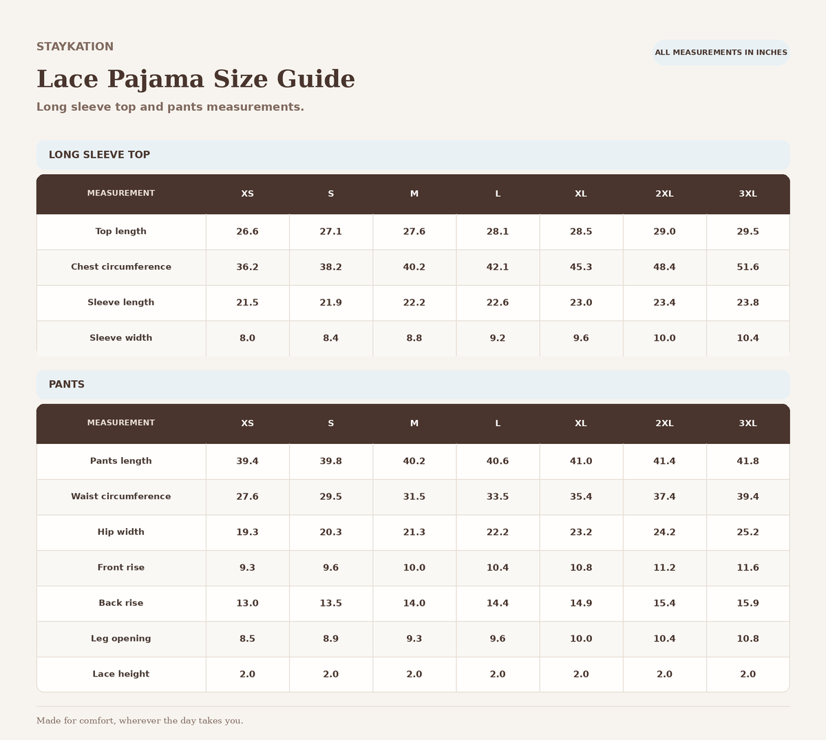 Staykation lace pajama size guide for a long sleeve top and pants, sizes XS through 3XL. Measurements in inches include top length, chest circumference, sleeve length and width, pant length, waist circumference, hip width, front and back rise, leg opening, and lace height.
