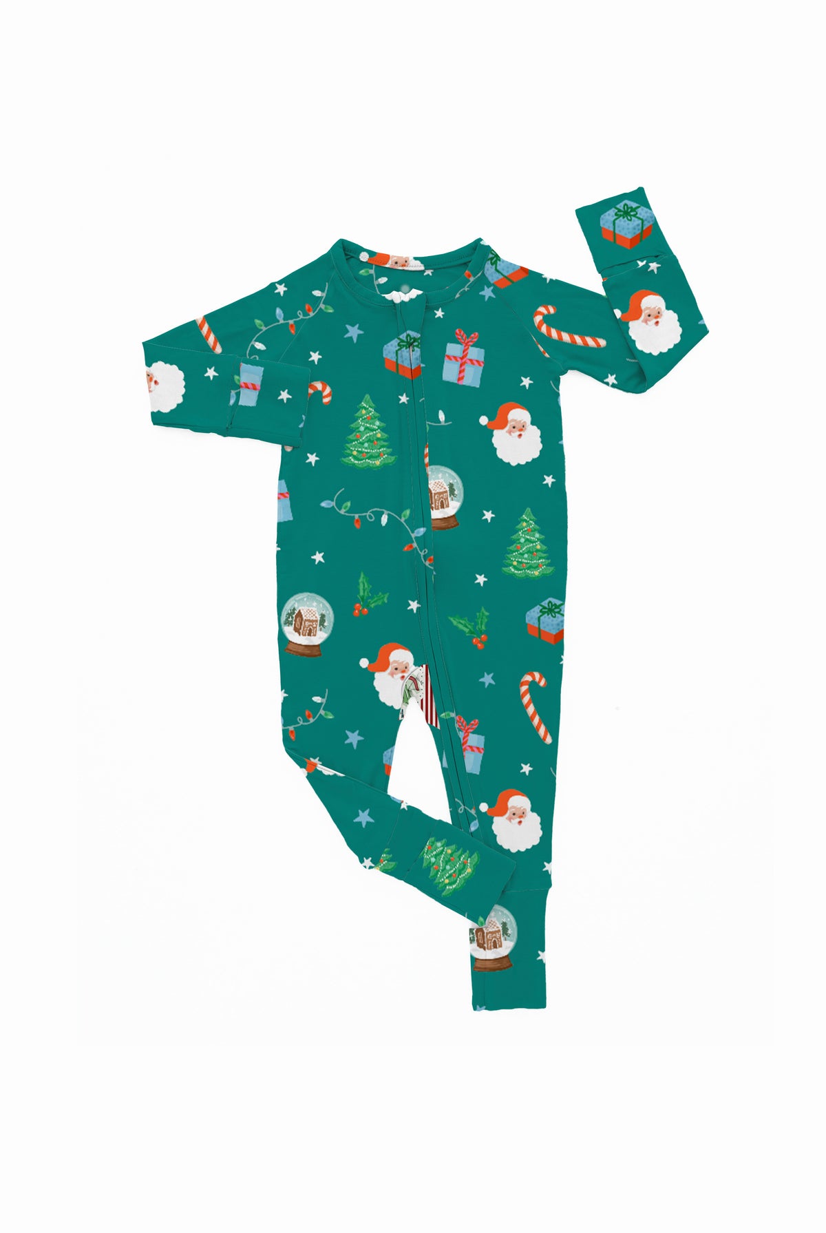 Baby Teal Santa zip pajamas with Santa, gifts, trees, and candy canes
