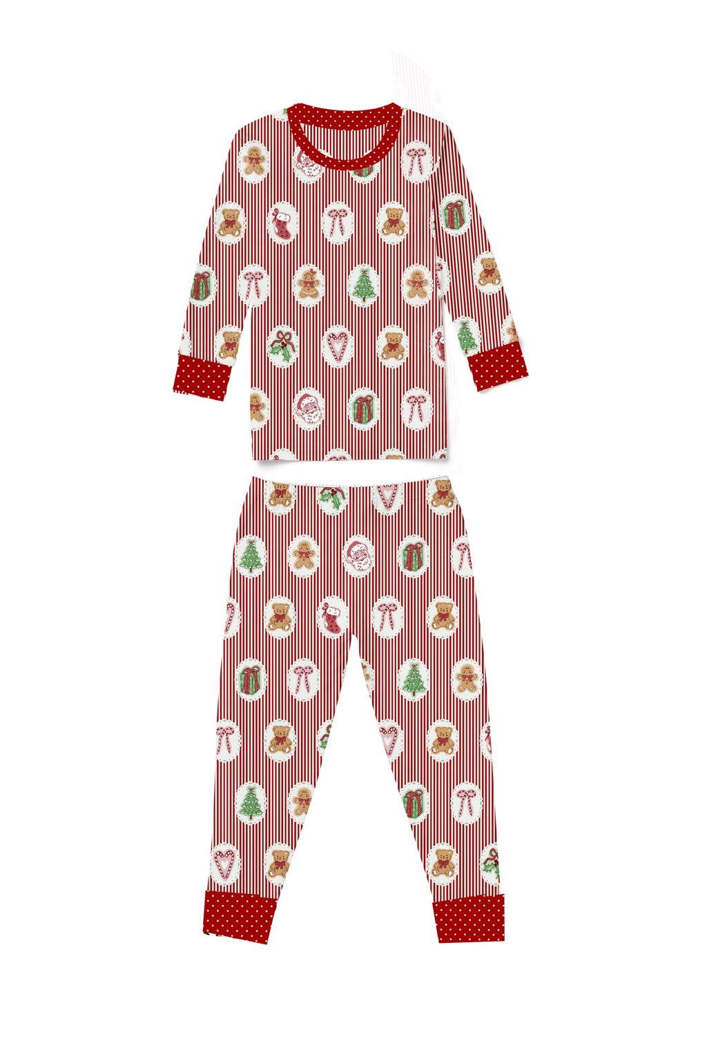 Kids Christmas Stripe pajama set with red stripes and vintage holiday icons