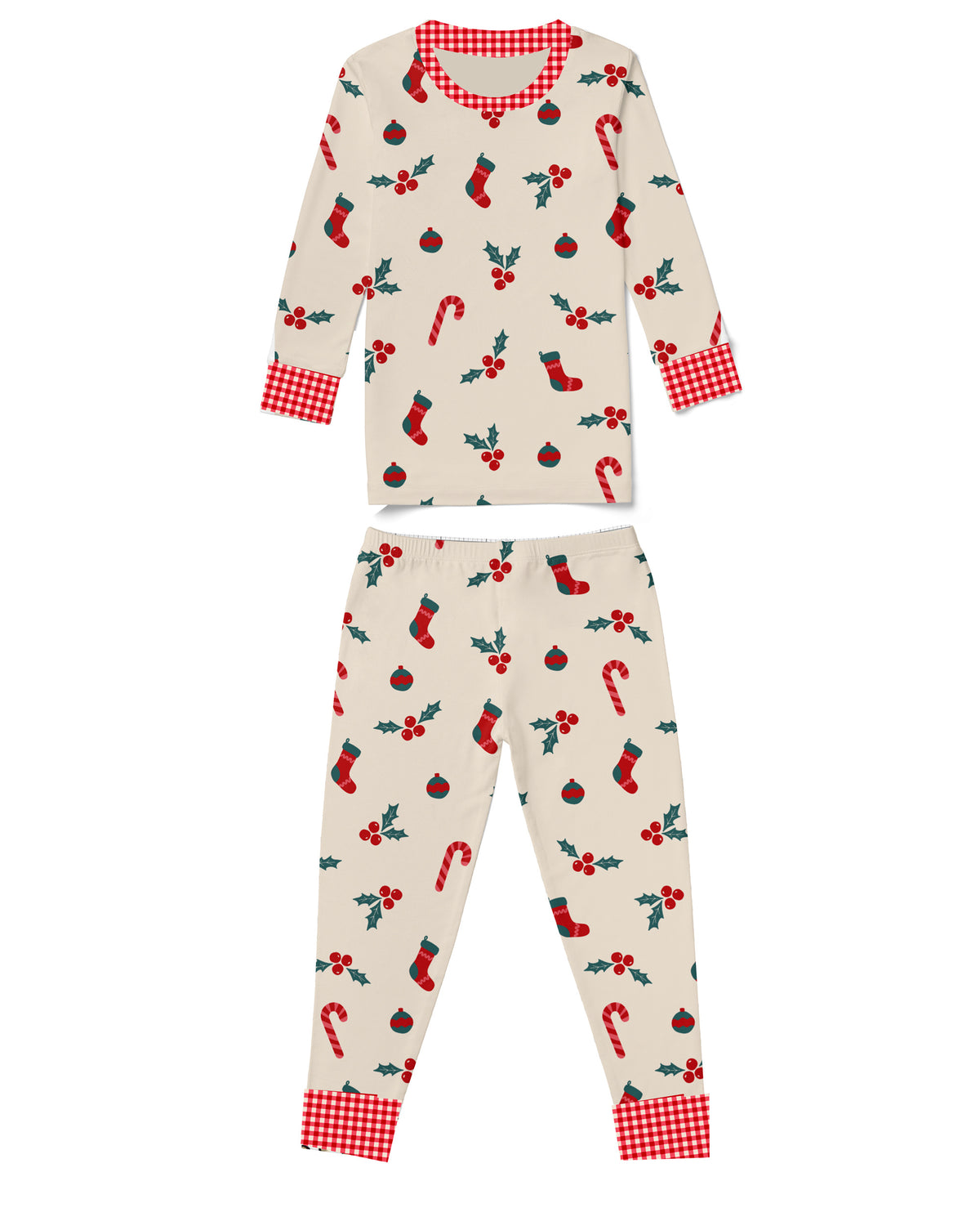 Kids Holly Gingham pajama set with cream holiday print and red gingham trim
