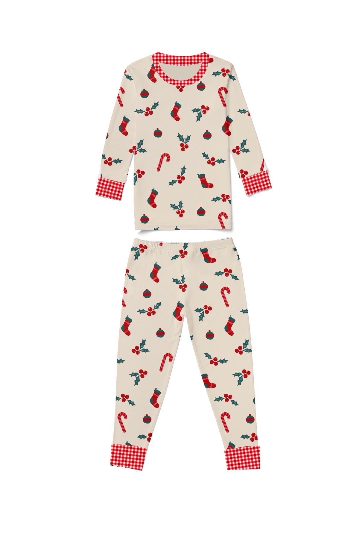 Kids Holly Gingham pajama set with cream holiday print and red gingham trim