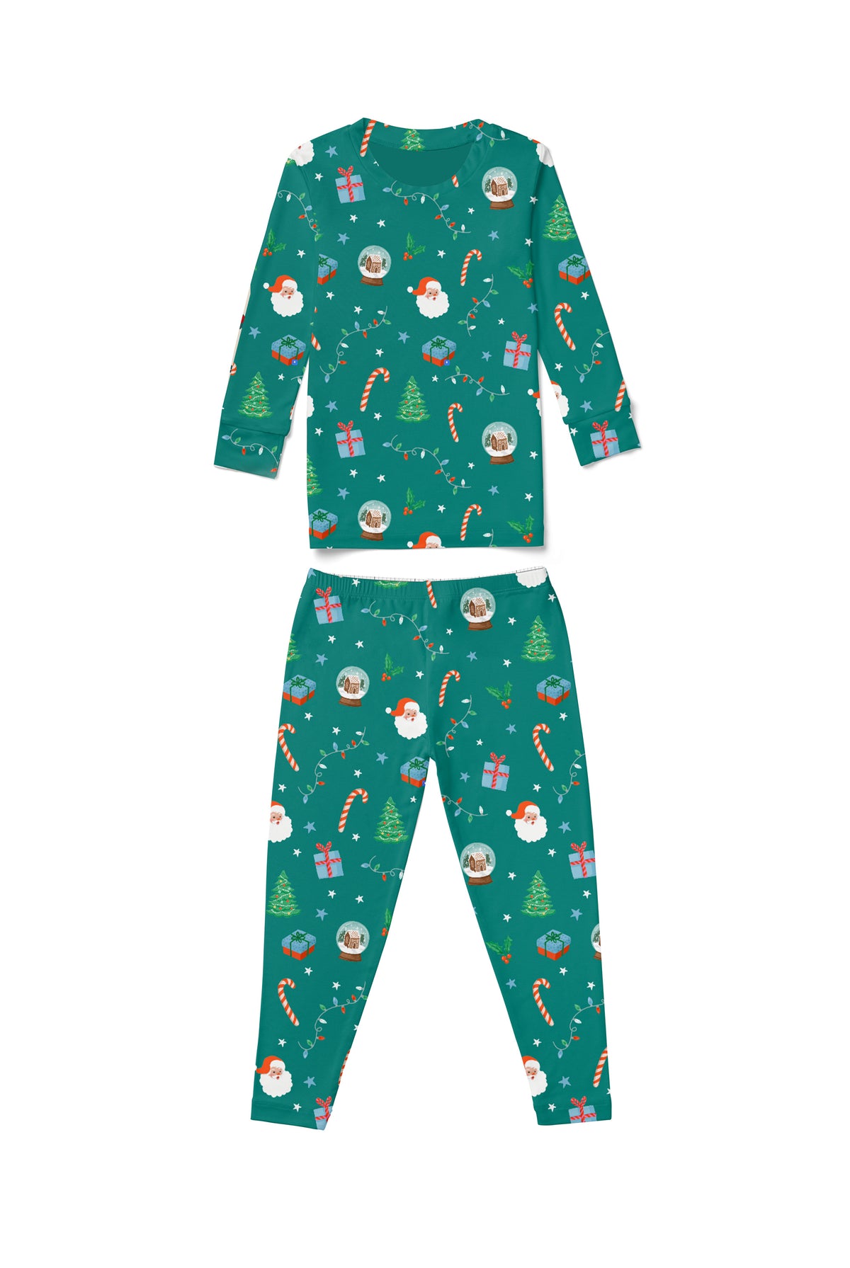 Kids Teal Santa pajama set with Santa, gifts, trees, and candy canes