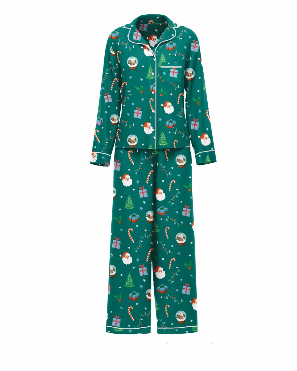 Women's Teal Santa pajama set with Santa, gifts, trees, and candy canes