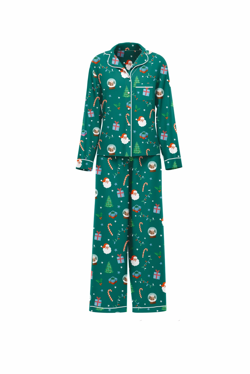 Women's Teal Santa pajama set with Santa, gifts, trees, and candy canes
