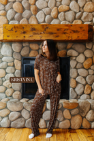 Sizing photo: Krista in L wearing brown bow print pajama set.