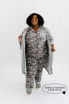 model mari wearing the size 3x in the skelly pajamas and skelly ribbed robe 