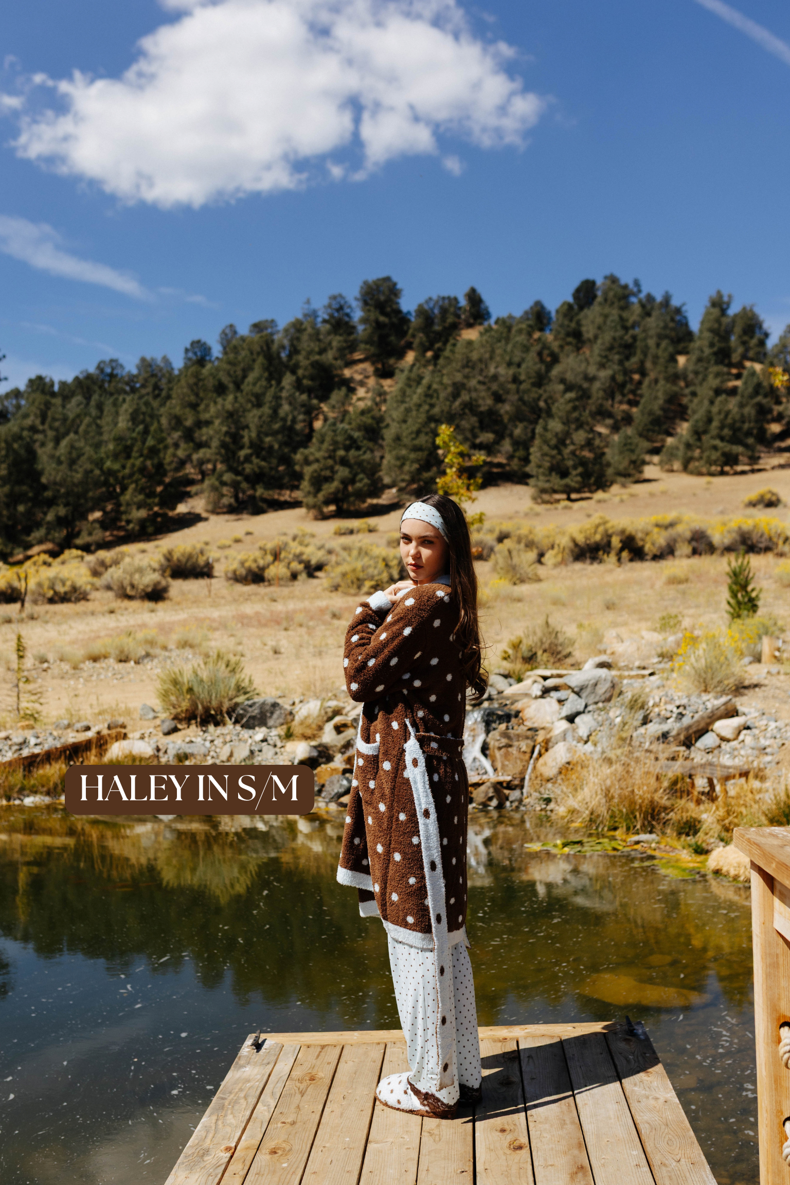 Sizing photo: Haley in S/M wearing brown polka dot fluffy robe.