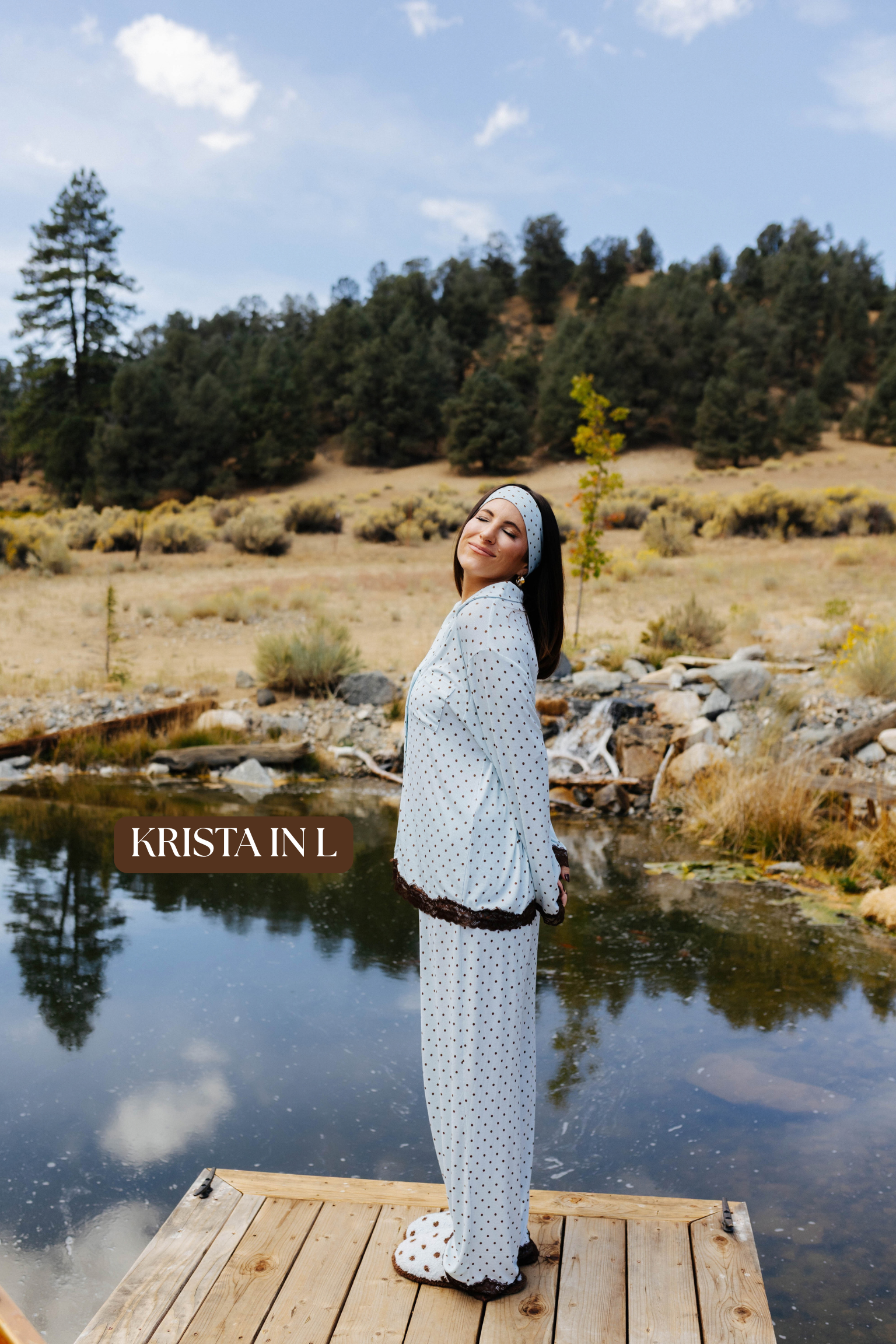 Sizing photo: Krista in L wearing blue with brown polka dots pajama set.