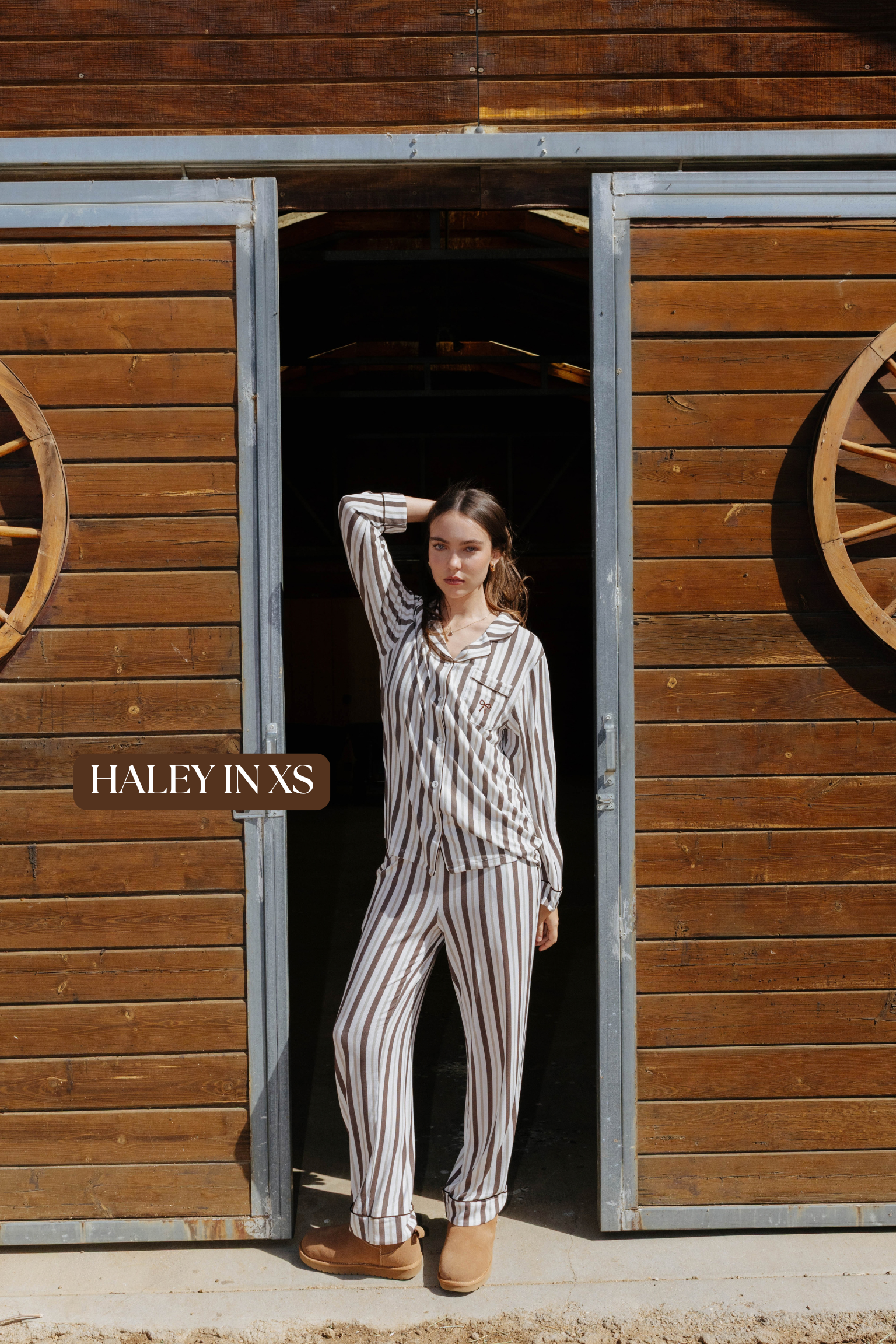 Sizing photo: Haley in XS wearing brown and cream striped pajama set.