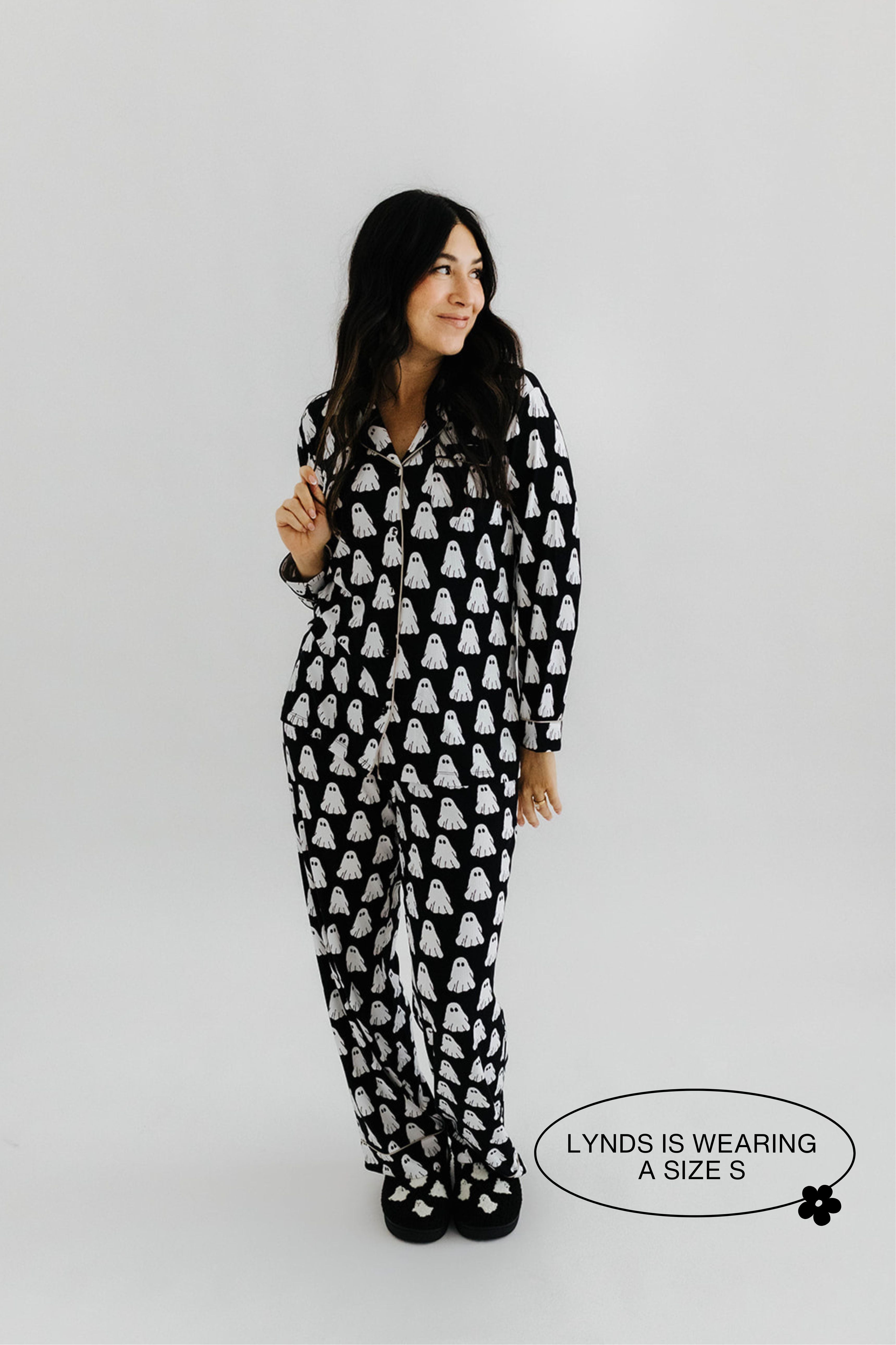 model lyndsee wearing a size small in the ghost pajamas