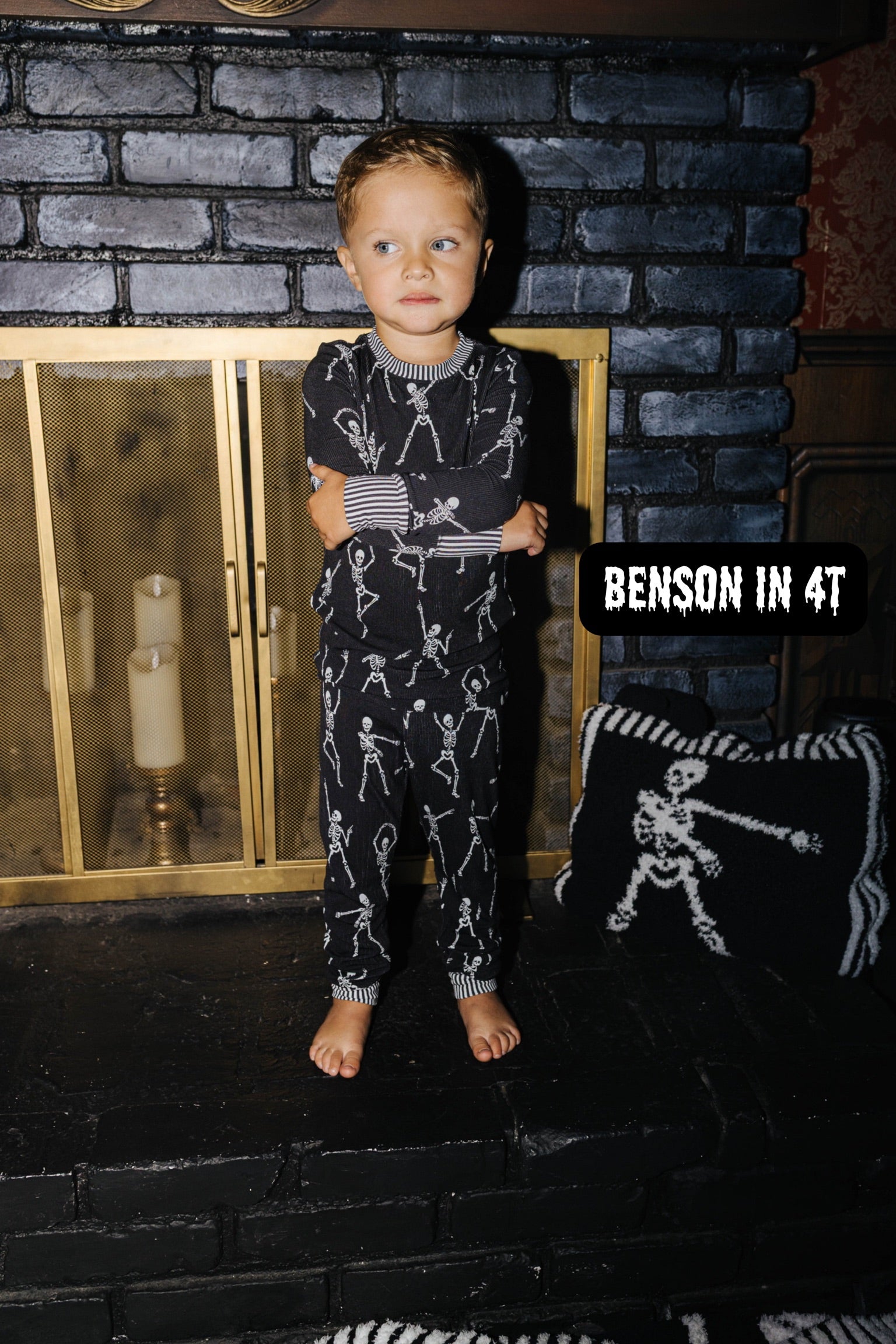 Benson wearing size 4T in the Kid Skelly Ribbed Pajama Set
