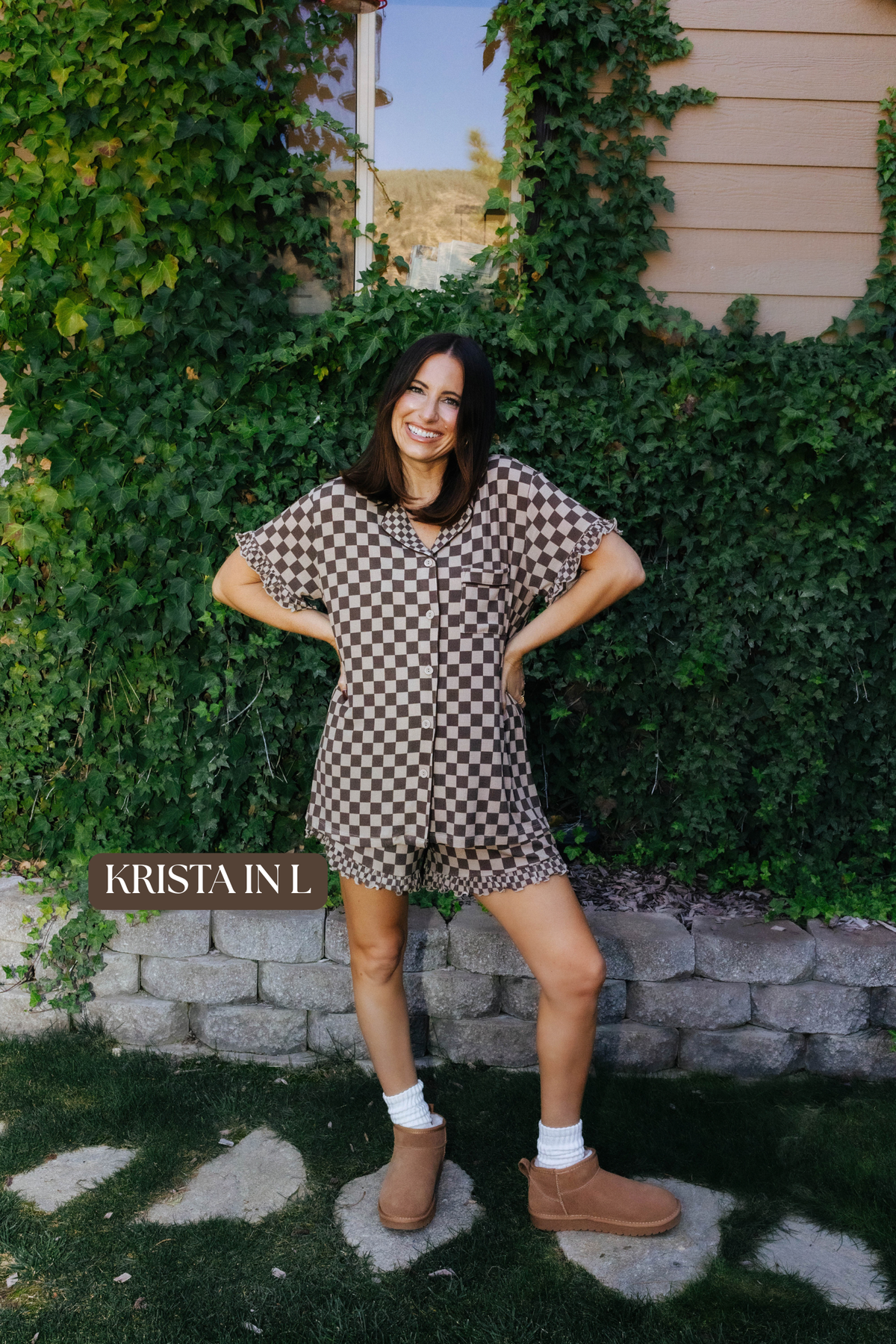 Sizing photo: Krista in L wearing brown check pajama set.