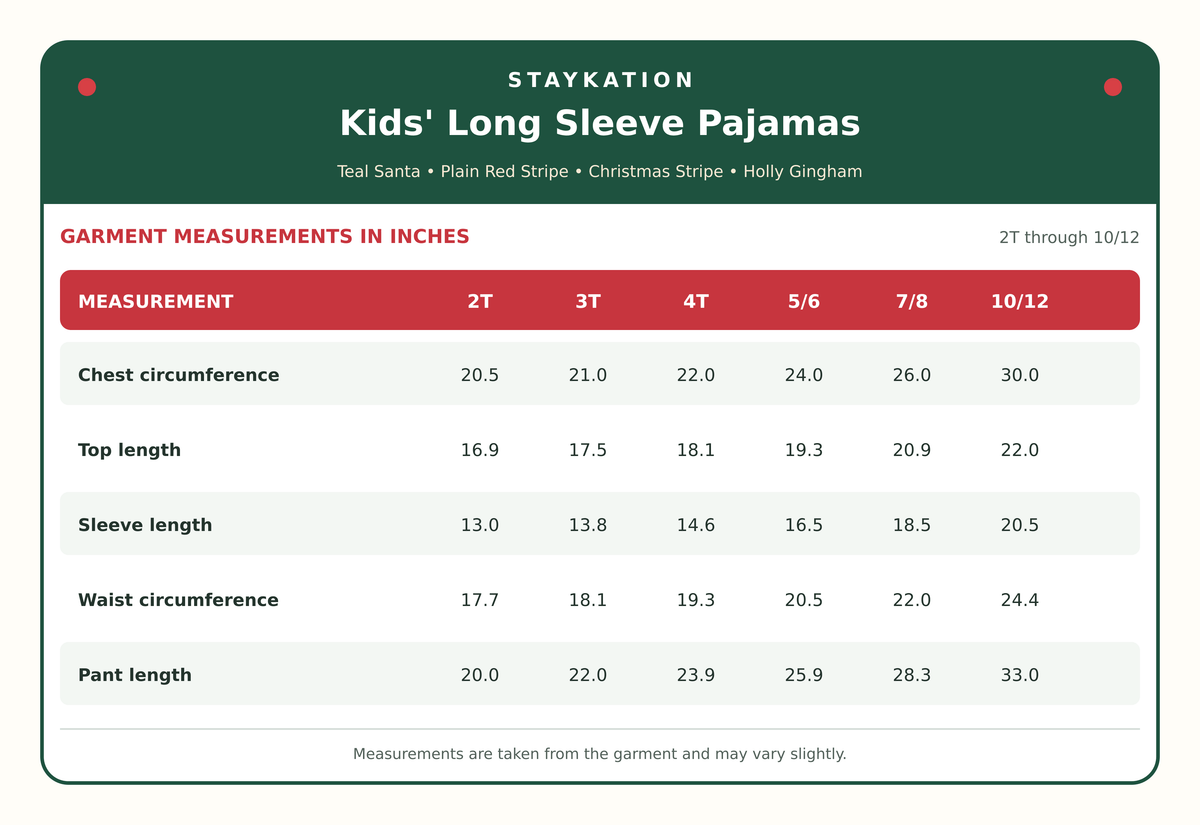 kids size chart for long sleeve christmas pajamas