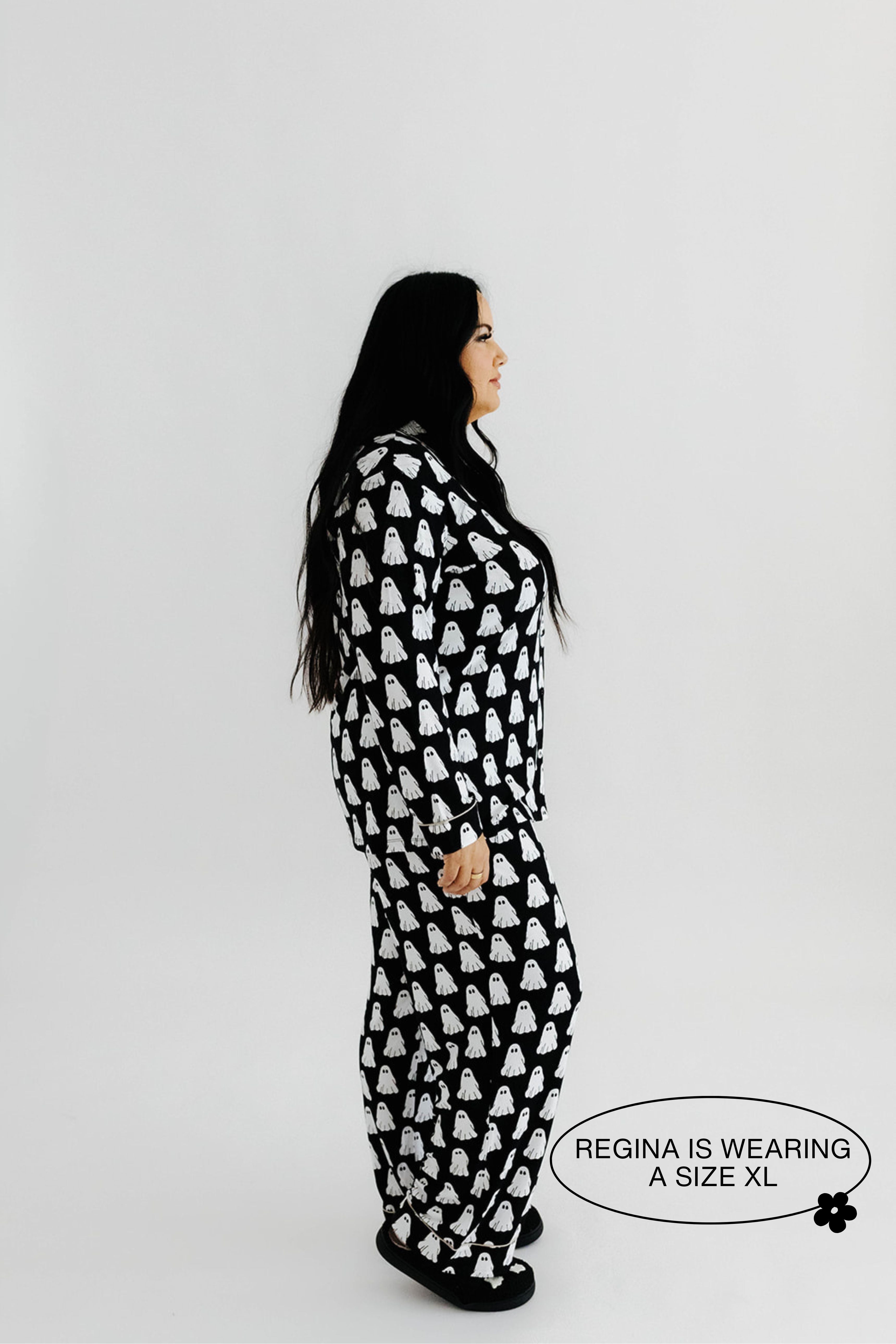 model regina showing the side of the ghost pajamas wearing size xl