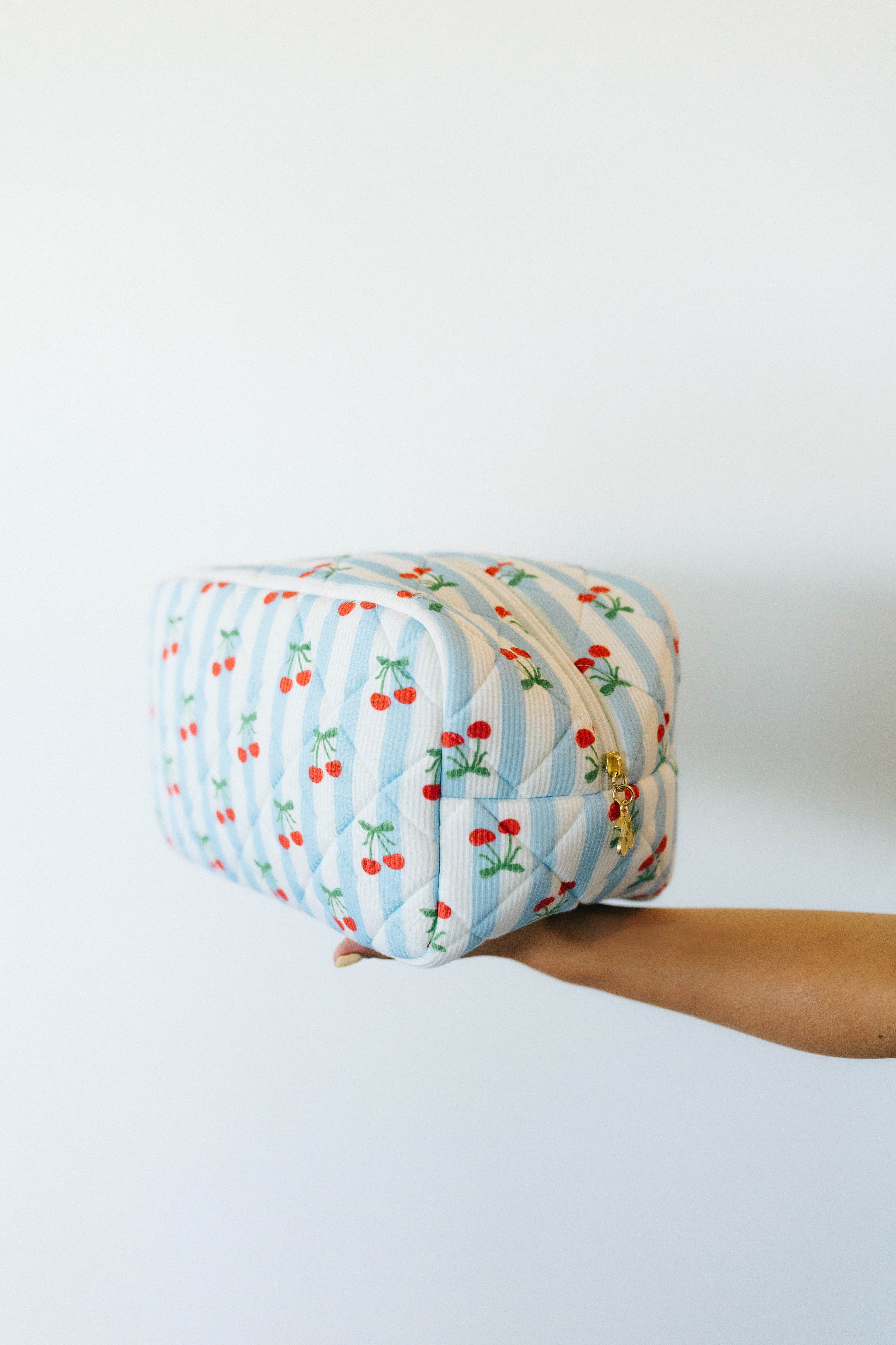 Hand holding a quilted fabric pouch with striped pattern and cherry design on a white background