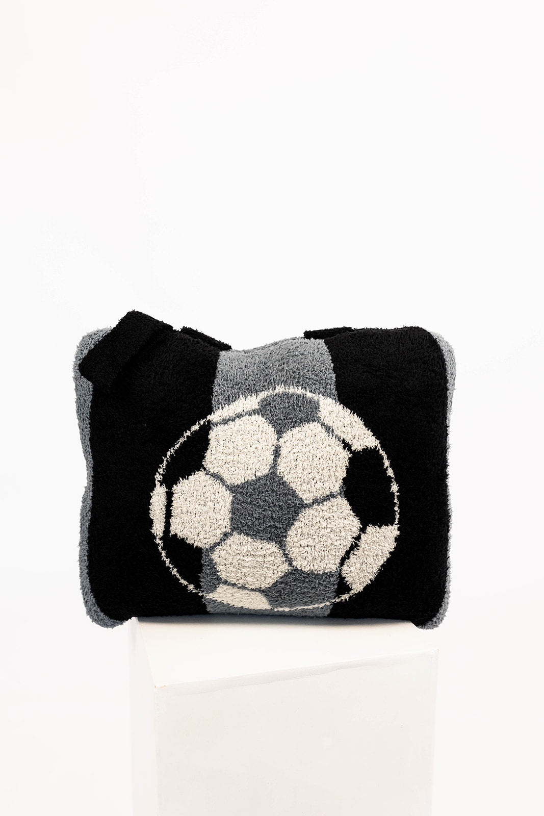 Black and gray quillow with a soccer ball design on a white background