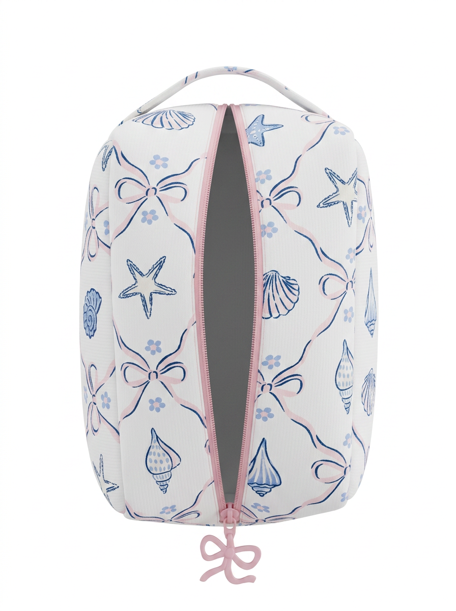 Cosmetic bag with starfish and bow pattern on a white background