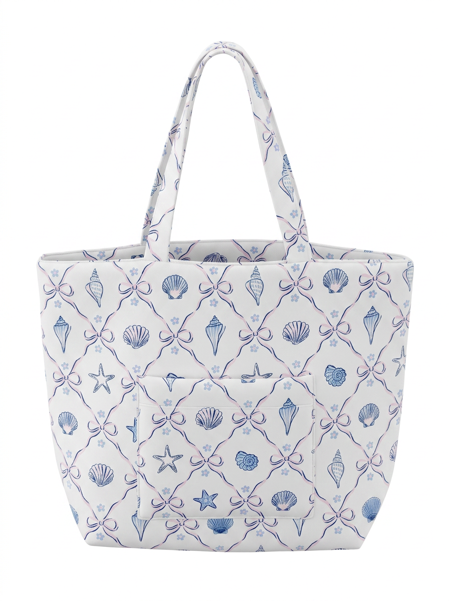 Tote bag with blue sea-themed pattern on a white background