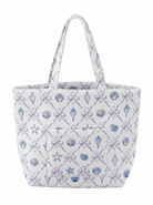 Tote bag with blue sea-themed pattern on a white background