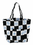 shell tote bag terry cloth material with different shell and beach icons on it 