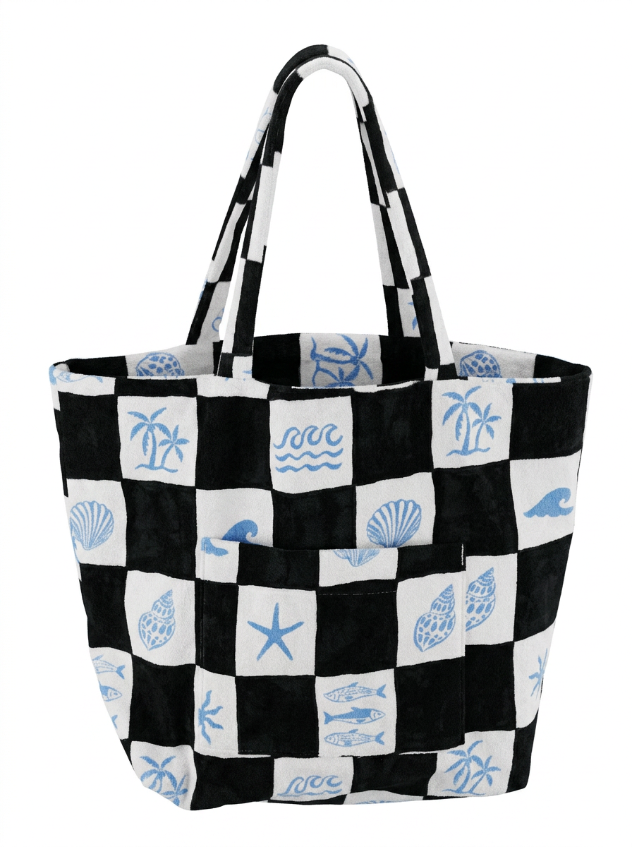shell tote bag terry cloth material with different shell and beach icons on it 