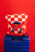 quillow being held by the backpack straps on the suitcase handle