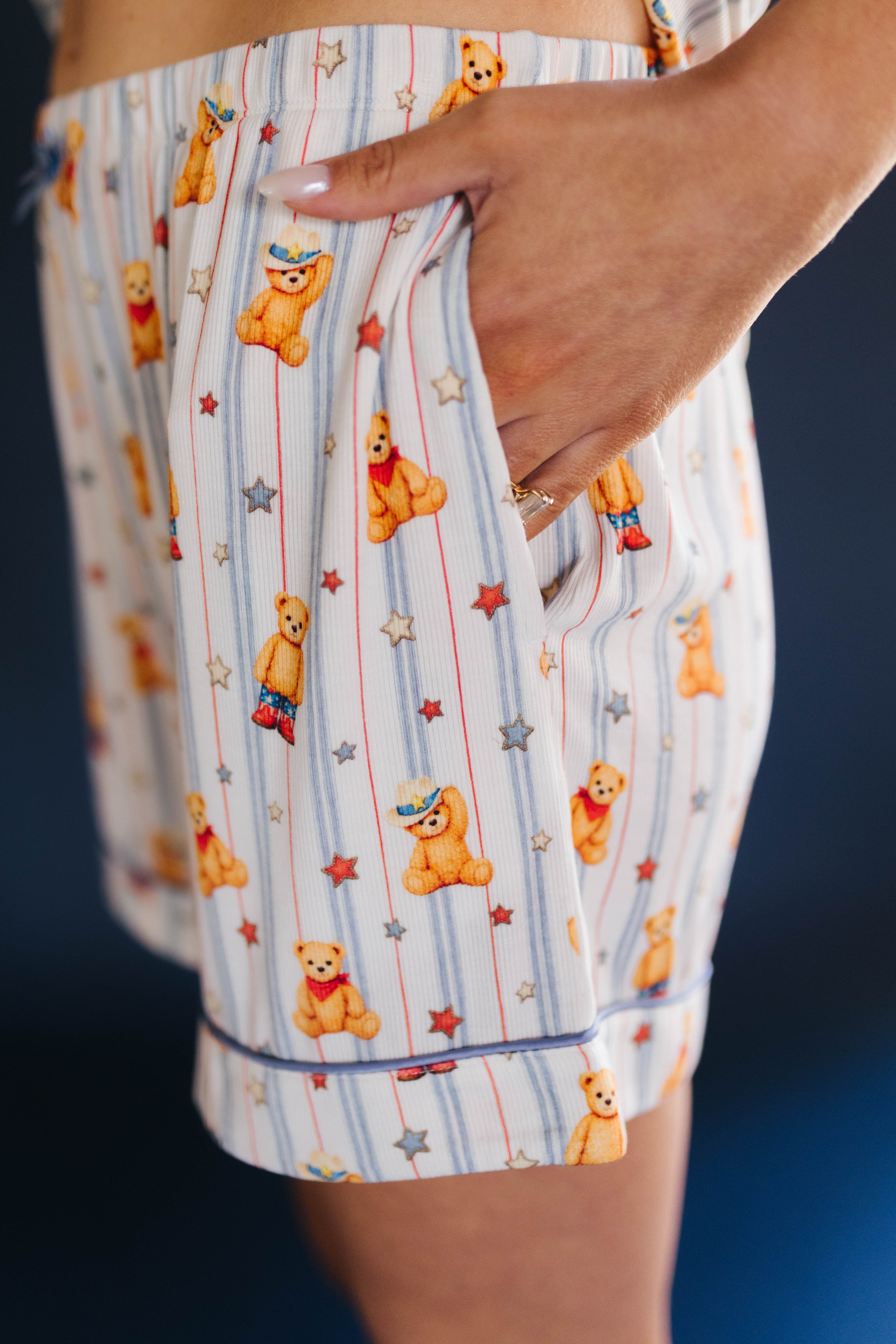 close up showing the pocket detailing on the pjs 