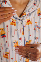 close up of bear and stripe detail on pajamas