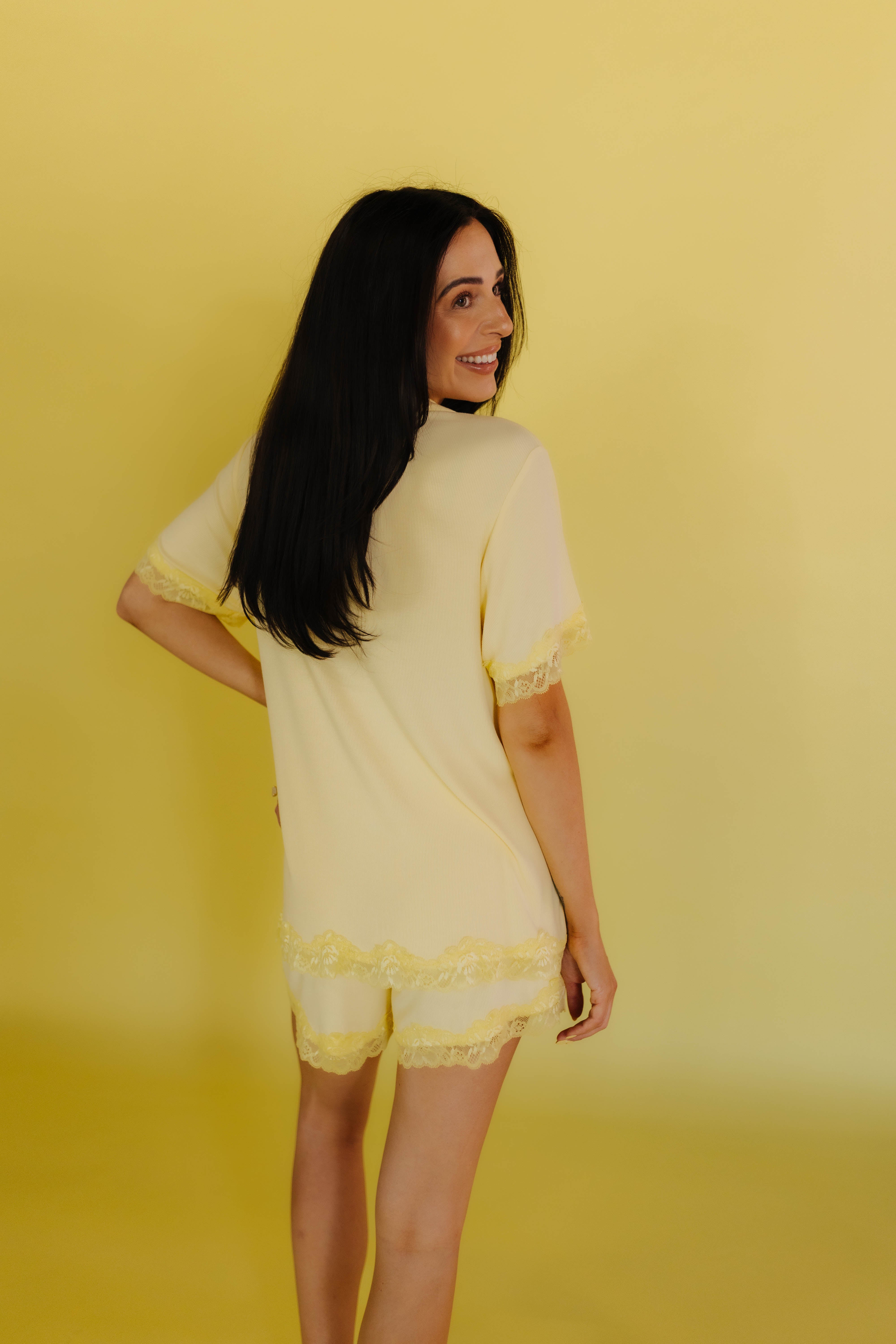 Sam modeling the size M showing the back side of the pjs