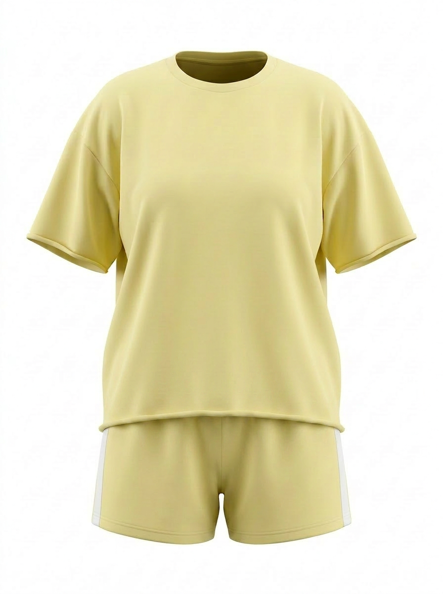 Light yellow t-shirt and shorts set on a white background