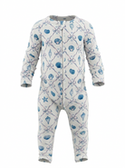 Children's onesie with blue shell themed pattern on a white background