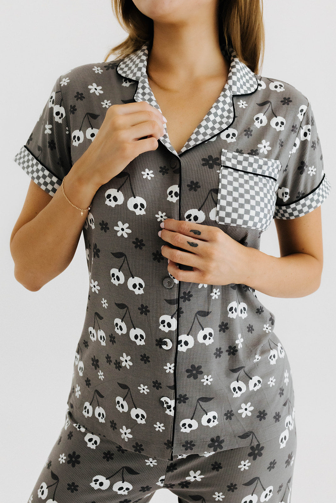 skeleton pajamas on model 