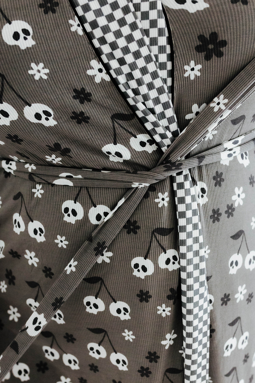 the front tie of the skelly ribbed robe 