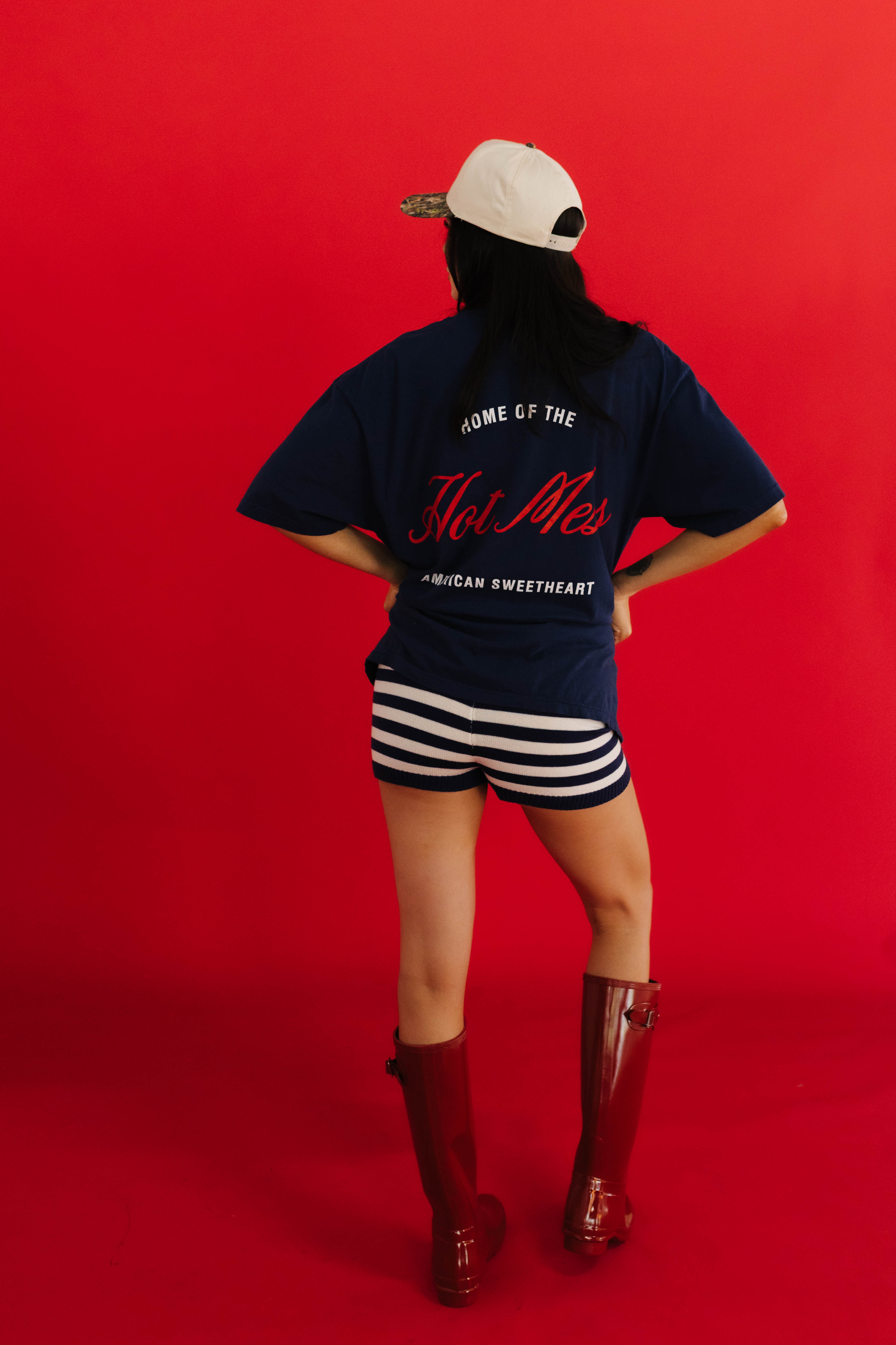 Showing b ack of the home of the hot mess american sweetheart tee 