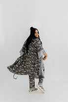 model regina showing the back of the skelly ribbed robe 