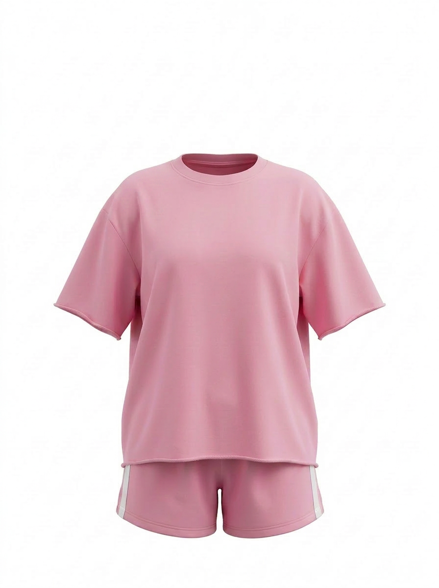 Pink t-shirt and shorts set on a white background