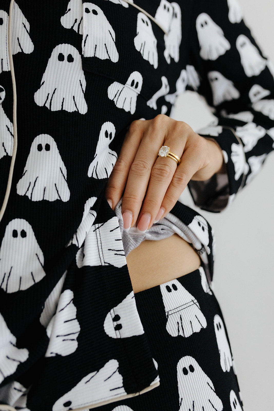model showing waistband of the ghost pajamas