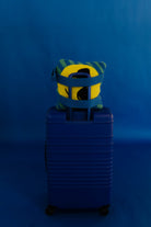 A blue hard-shell rolling suitcase standing upright against a blue studio background, with a yellow and green striped plush quillow tucked into the top handle area.