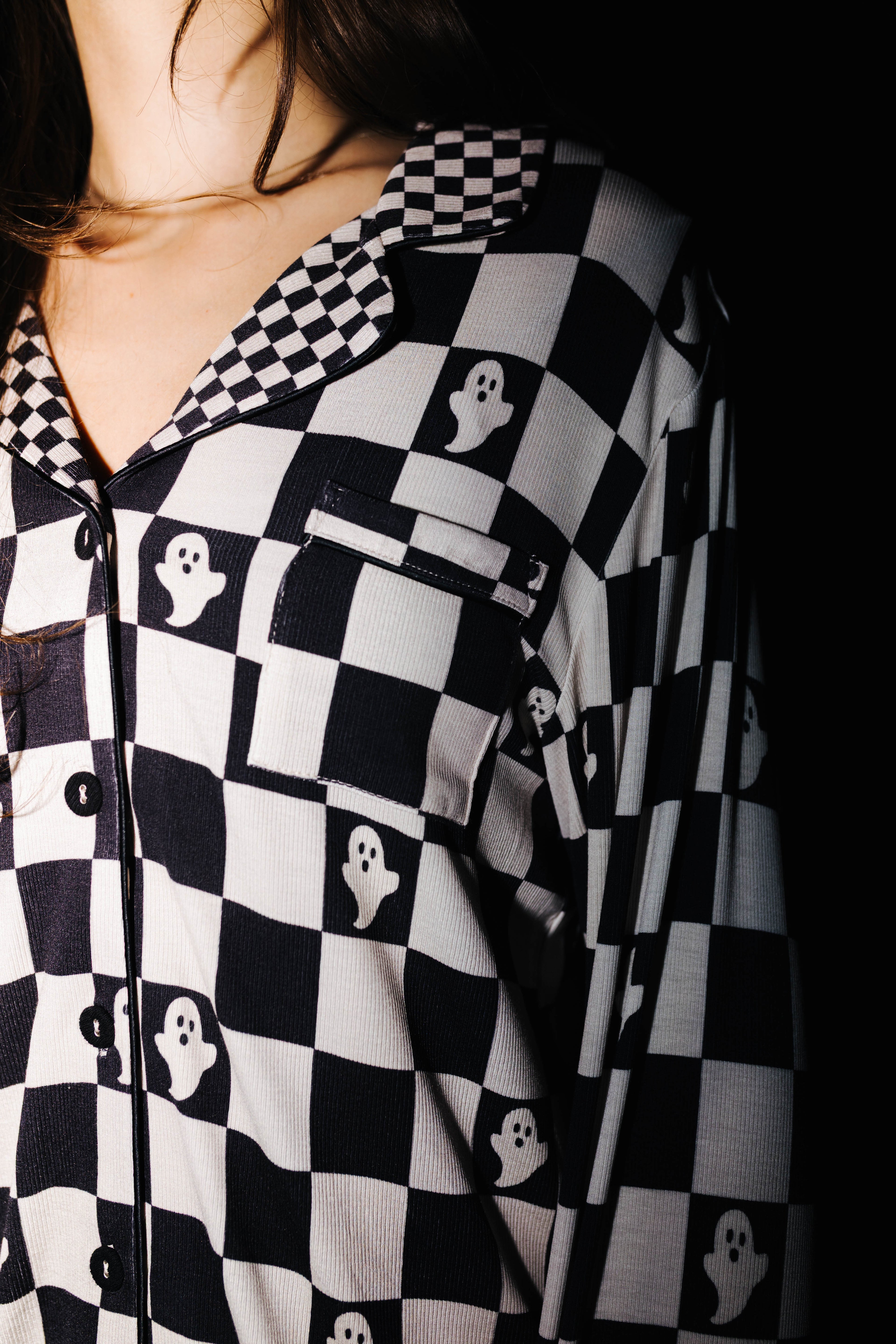 Close view of the collar and pocket on Ghost Check pajamas