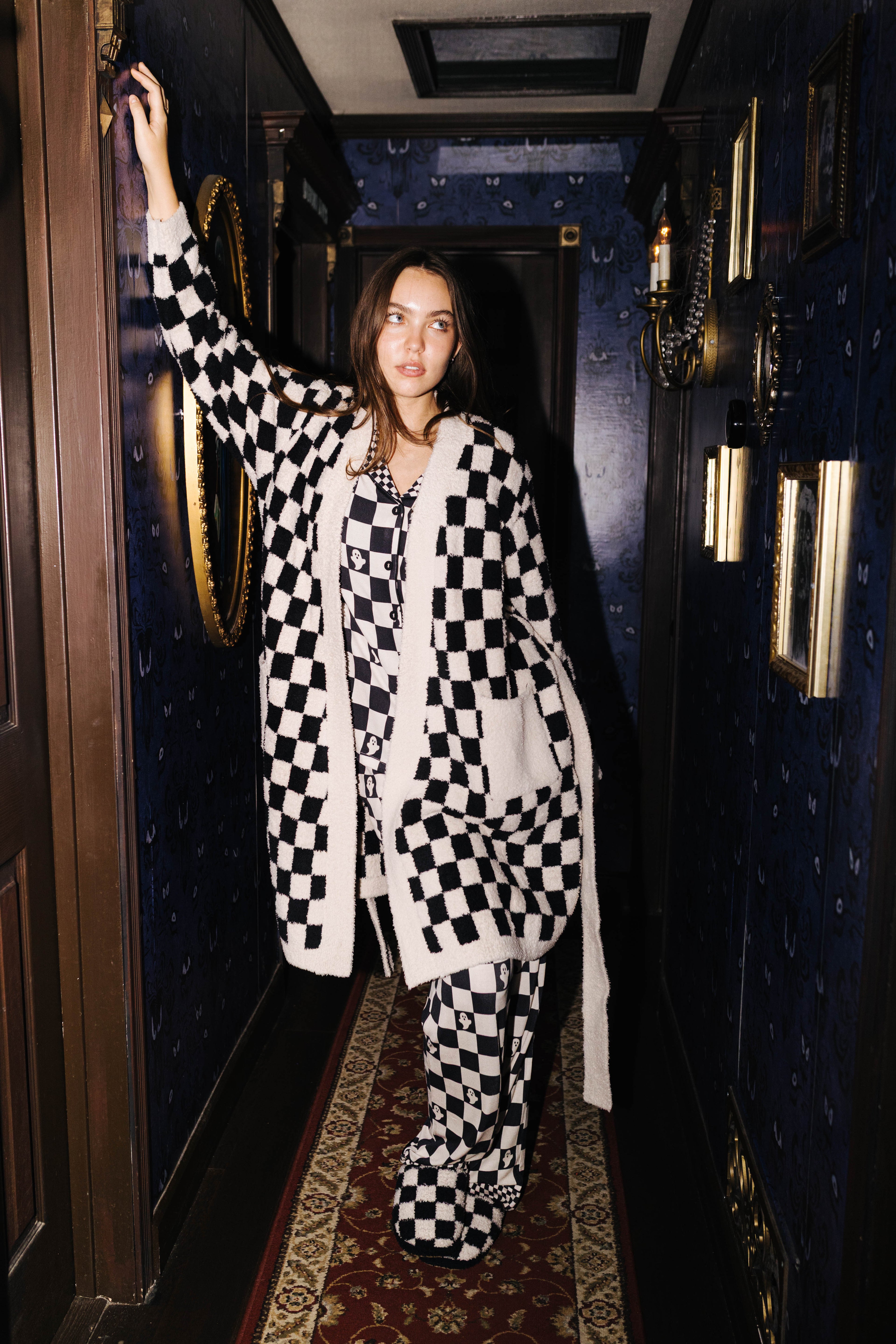 Sand & Black Check Fluffy Robe shown from an alternate angle