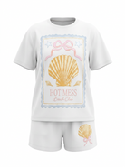 White t-shirt and shorts set with shell design and 'Hot Mess' text on a white background